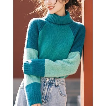 時尚精致優雅風藍綠拼色高領長袖毛衣針織衫女秋冬款慵懶軟糯小衫