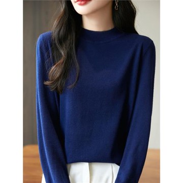 25春秋精紡羊毛衫女半高領寬松顯瘦針織打底衫純色設計感小眾上衣