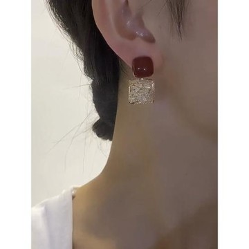 銀針紅色耳釘精致時尚方形滿鉆耳環簡約設計個性耳飾秋冬新款韓國