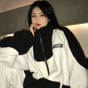羊羔毛絨外套女棉服冬季韓版ins潮寬松bf慵懶風日系撞色加厚上衣
