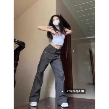 (免運)美式高街高腰工裝褲女裝夏季褲子薄款小個子寬松闊腿直筒休閑長褲