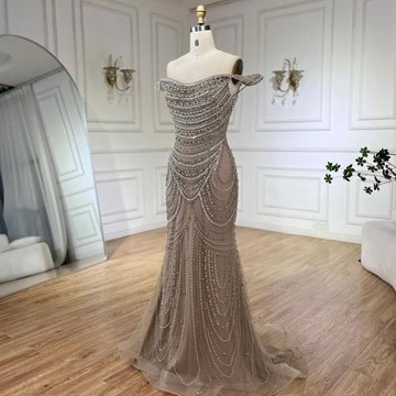 【女神婚紗禮服】輕奢圓弧美胸美背裹臂鑲珠修身小魚尾晚禮服LA72253焦糖棕