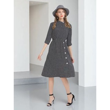 歐美·大碼女裝春秋新款黑白格子七分袖立領a字垂感襯衫連衣裙子