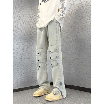 設計感褲子夏季美式vibe工裝牛仔褲男款潮牌拉鏈開叉直筒微喇長褲