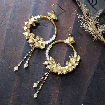 金色亮片黃銅不對稱形花圈大耳環 耳針 耳夾