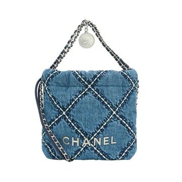 Chanel 展示品 22 mini 銀Logo白色粗縫線牛仔布斜背包(AS3980-牛仔藍)