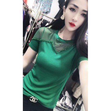 歐洲站蕾絲洋氣短袖t恤女夏季新款釘珠設計感百搭半袖修身上衣ins