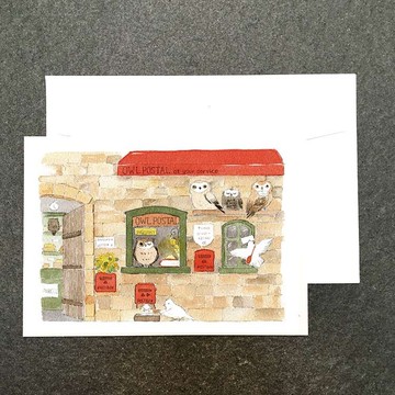 動物商店街の貓頭鷹郵局水彩明信片