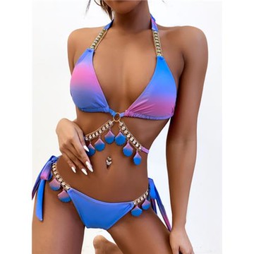 2023新款性感綁帶漸變分體泳衣女士流蘇水晶鉆石貝殼bikini泳裝
