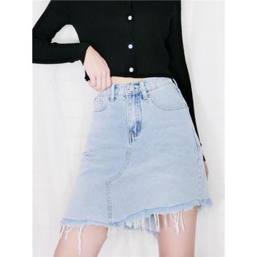 夏季新款街頭百搭高腰不規則下擺毛邊a字開衩牛仔裙半身裙女短裙