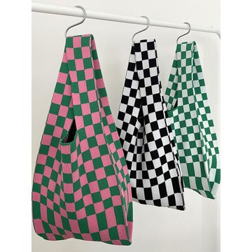 韓國ins網紅包小眾設計針織棋盤格包個性百搭單肩手提包背心包女