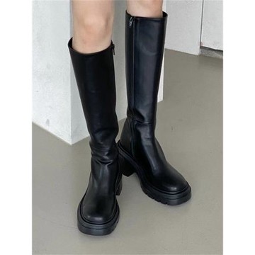 小池在首爾2023東大門秋季新款厚底圓頭粗高跟側拉鏈純色長筒女靴