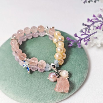 冰種摩根石 海藍寶 珍珠 蝶 人緣 桃花 2排手鍊 單品 禮物 獨家