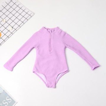 夏季外單新款小中童連體泳衣長袖防曬游泳衣女童可愛純色三角泳裝