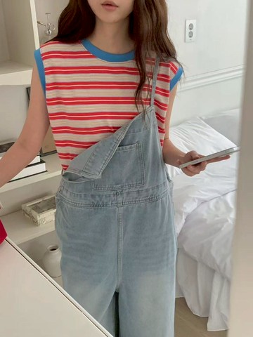 韓系亮眼配色細條紋背心★夏日清爽減齡穿搭