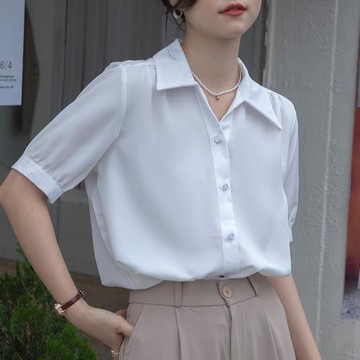 藍色雪紡短袖襯衫女夏季V領襯衣職業氣質正裝面試寬松泡泡袖上衣