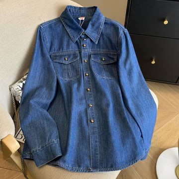 廣州十三行高貨爆款~復古寶藏 藍色棉感正肩軟牛仔襯衫女春秋百搭