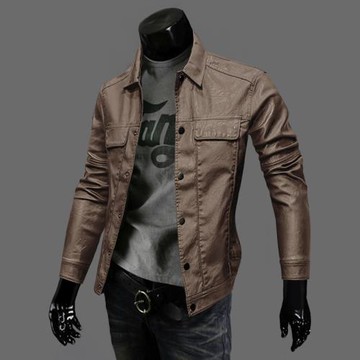 美式潮牌復古機車棕色皮衣男秋季休閑修身翻領皮夾克外套加絨上衣