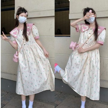 🔥台灣出貨 孕婦連衣裙 孕婦大碼連連身裙 甜美減齡娃娃領 中長裙 法式 初戀碎花裙子 夏天孕婦洋裝 大尺碼洋裝 碎花裙
