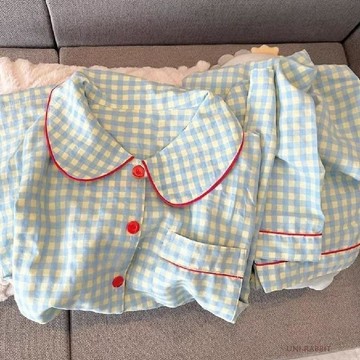 睡衣女韓版格子短袖滌棉睡衣夏季薄款少女兩件套家居服套裝可外穿休閒睡衣短袖睡衣卡通睡衣短袖居家服韓版睡衣