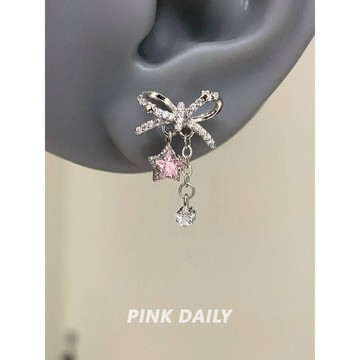 簡約韓系耳環Pink Daily爆閃蝴蝶結五角星吊墜星星耳釘滿鑽獨特漂亮耳骨釘耳飾耳飾 垂墜式耳環 垂墜耳環 耳釘 流蘇