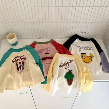 春秋季新款純棉男女童休閑時尚插肩袖中大童卡通T恤打底上衣