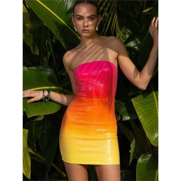 抹胸短款包臀彩虹漸變色亮片禮服海邊度假性感拍照夜店派對連衣裙