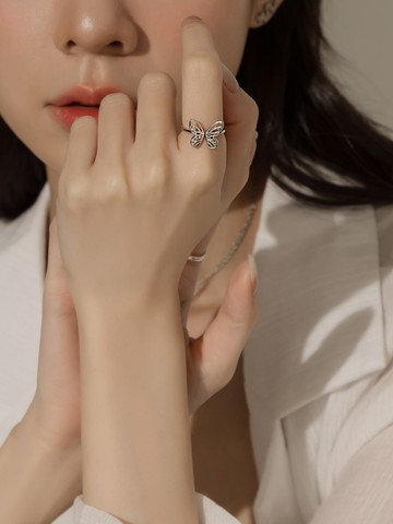 蝴蝶造型925純銀開口戒指