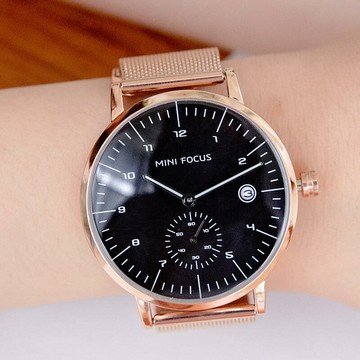 MINIFOCUS明日之詩日期顯示窗秒針單眼金屬米蘭鍊帶手錶【WMF0303】-黑面玫金帶