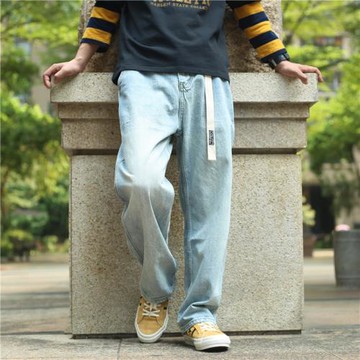 日系復古淺色重磅牛仔褲男褲子秋冬加厚寬松水洗直筒褲垂感闊腿褲