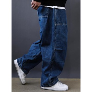 春秋新款美式復古水洗多口袋工裝牛仔褲男士潮牌寬松闊腿褲老爹褲
