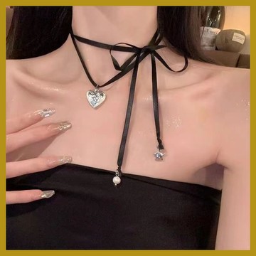 芭蕾少女風頸鏈飾品 綁帶粉色愛心項鏈 choker頸帶蝴蝶結係帶鎖骨鏈