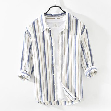 竹纖維亞麻長袖襯衫男夏季薄款透氣七分袖棉麻文藝豎條紋短袖襯