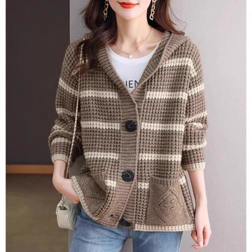 條紋連帽針織毛衣外套女2025秋冬新款大碼寬松休閑針織開衫外搭潮