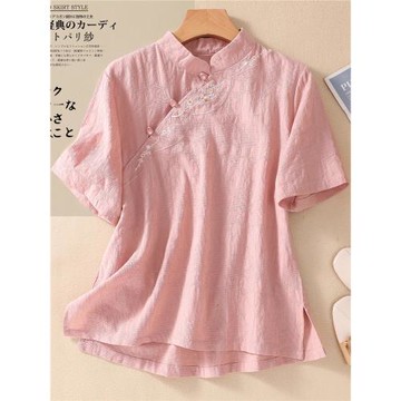 日本高端外貿出口夏季中國風文藝立領斜襟棉麻短袖刺繡禪茶襯衫女