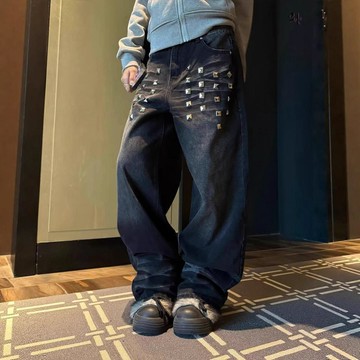 美式設計感拼接牛仔褲男女春季潮流復古小衆重工柳丁做舊直筒褲12 百搭休閑長褲男生牛仔褲