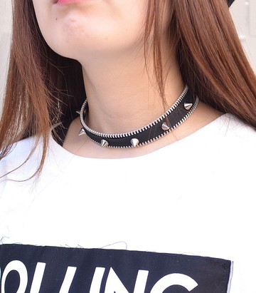 尖釘拉鍊頸鍊/黑/銀/F size/hellcatpunks/hcp-ac-0097