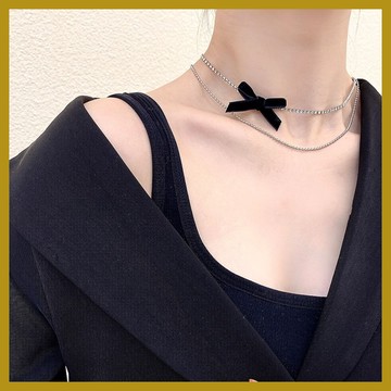 芭蕾少女風蝴蝶結水晶鋯石項鏈 雙層疊戴鎖骨鏈 choker頸鏈