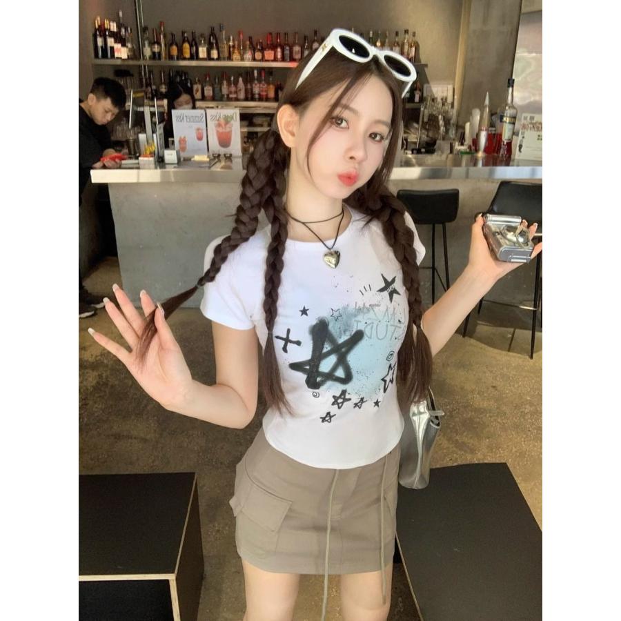 トップス レディース Tシャツ 着痩せ ラウンドネック Y2K トップス レディース Tシャツ 着痩せ ラウンドネック Y2K