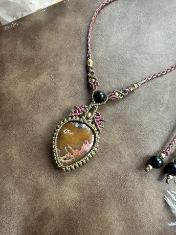 N1185 民族風 蠟線編織 白鐵礦瑪瑙 銀曜石珠 頸鏈 (可調長度)