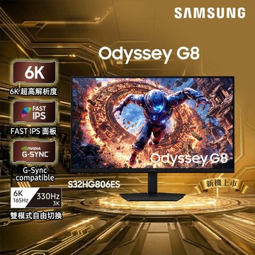 Samsung S32HG806ES 32型6K-224 PPI-IPS雙模電競螢幕6K-165Hz←→QHD-330Hz(DP2.1/HDR10+)