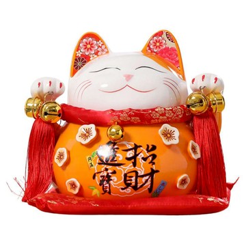 摩達客 春節開運招財 招財進寶招財貓 含坐墊  8.5吋(22 x 19 x 21cm)  橘色