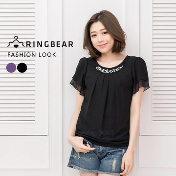 雪紡上衣--高雅氣質水鑽寶石壓摺設計雪紡短袖上衣(黑.紫XL-5L)-U346眼圈熊中大尺碼