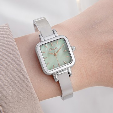 KIMIO悠然時光母貝方形手鐲手錶【WKI6619】-綠面銀帶