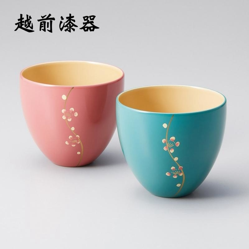 お椀 夫婦椀 ペア 越前漆器 こぼれ梅 うるしカップ ピンク・モス