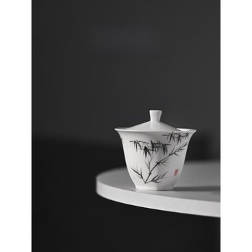 茶藝師手繪墨竹蓋碗高檔白瓷釉下彩繪二才泡茶碗高雅復古陶瓷茶具
