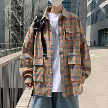 長袖格子襯衫男士港風寬鬆多口袋工裝襯衣春秋季ins休閒上衣 99購物節
