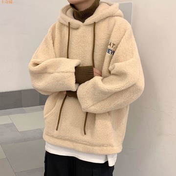 衛衣男連帽休閑加絨加厚情侶秋冬款刺繡寬松潮流羊羔絨上衣外套潮
