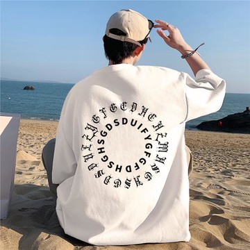 圓領t恤短袖男夏薄款字母印花五分袖上衣港風寬松內搭純棉打底衫