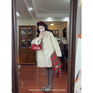 【中古雪球】復古小香千金風高級感貴氣皮毛一體毛毛球毛呢外套女